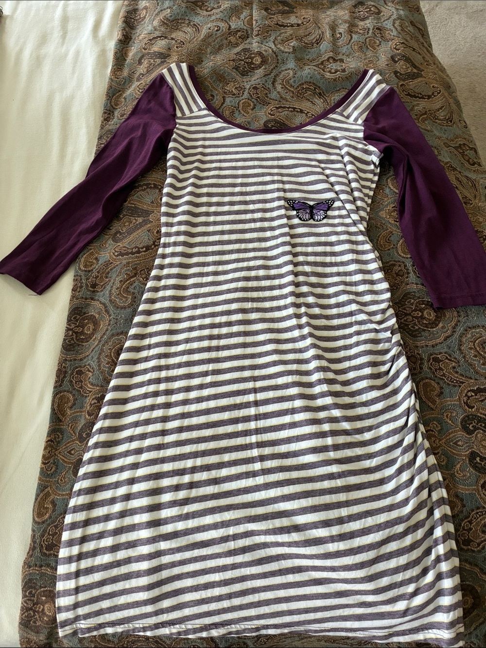 Striped Purple & White Long-Sleeve Scoop-Neck Dress with Butterfly Patch